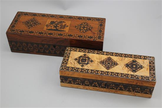 Two Tunbridge ware half square mosaic inlaid rectangular boxes, 9.5in.